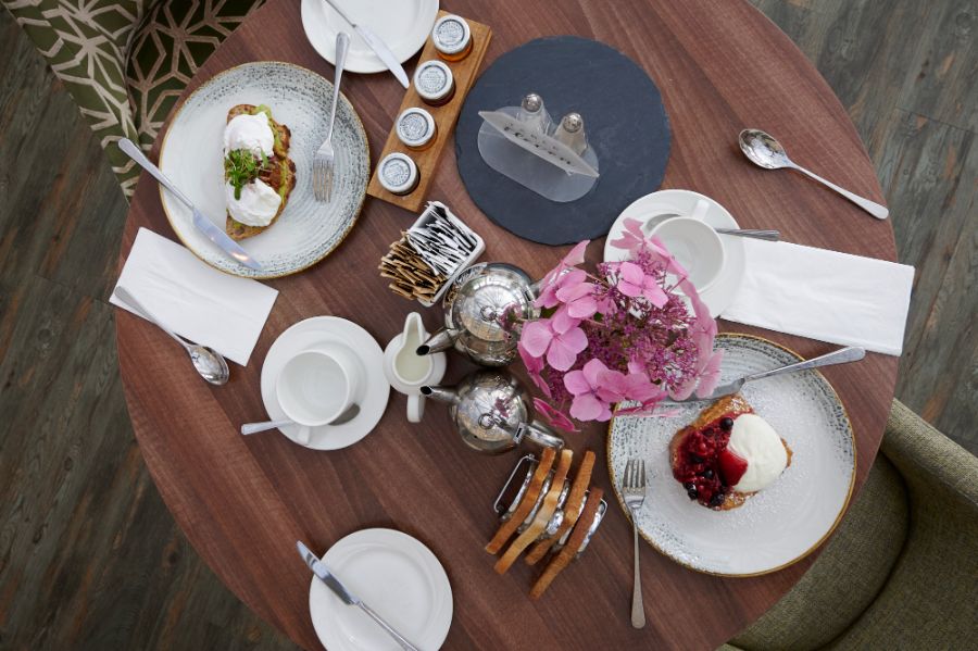 Birds eye view of breakfast food at the Conservatory restaurant