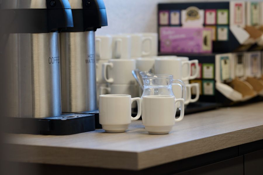 Cups and tea dispensers at the Melbreak Hotel Conference Suite